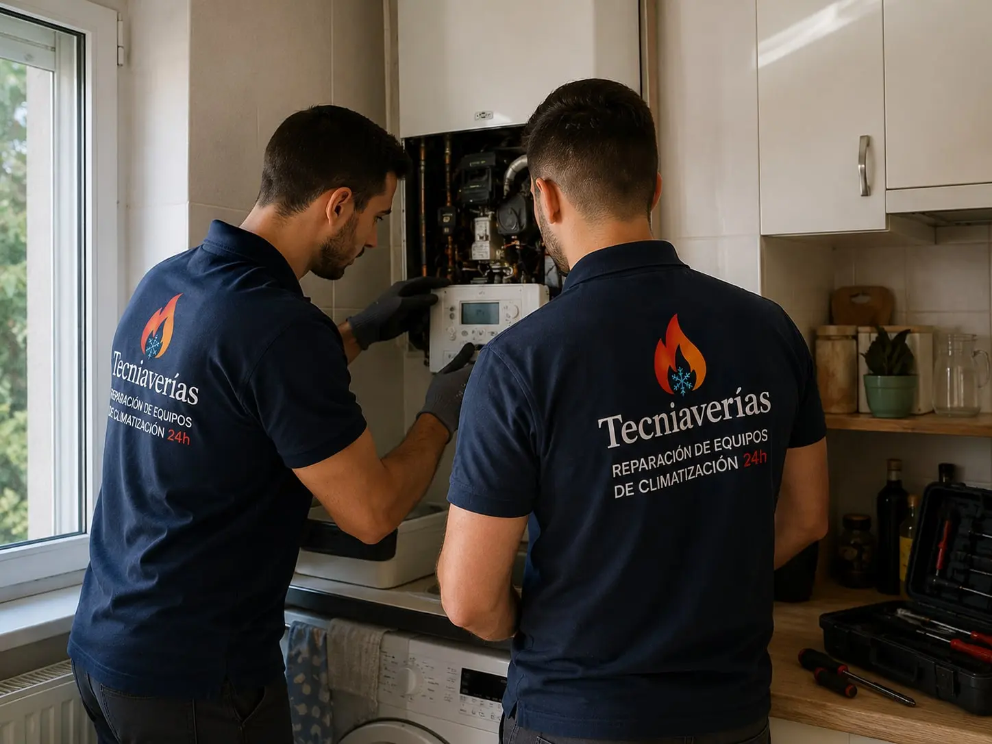 Técnicos de TecniAverías reparando una caldera a domicilio en Barcelona